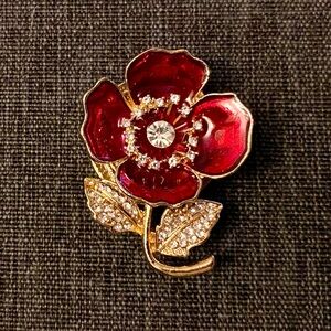 Red and Gold Poppy Brooch with Crystal Accents